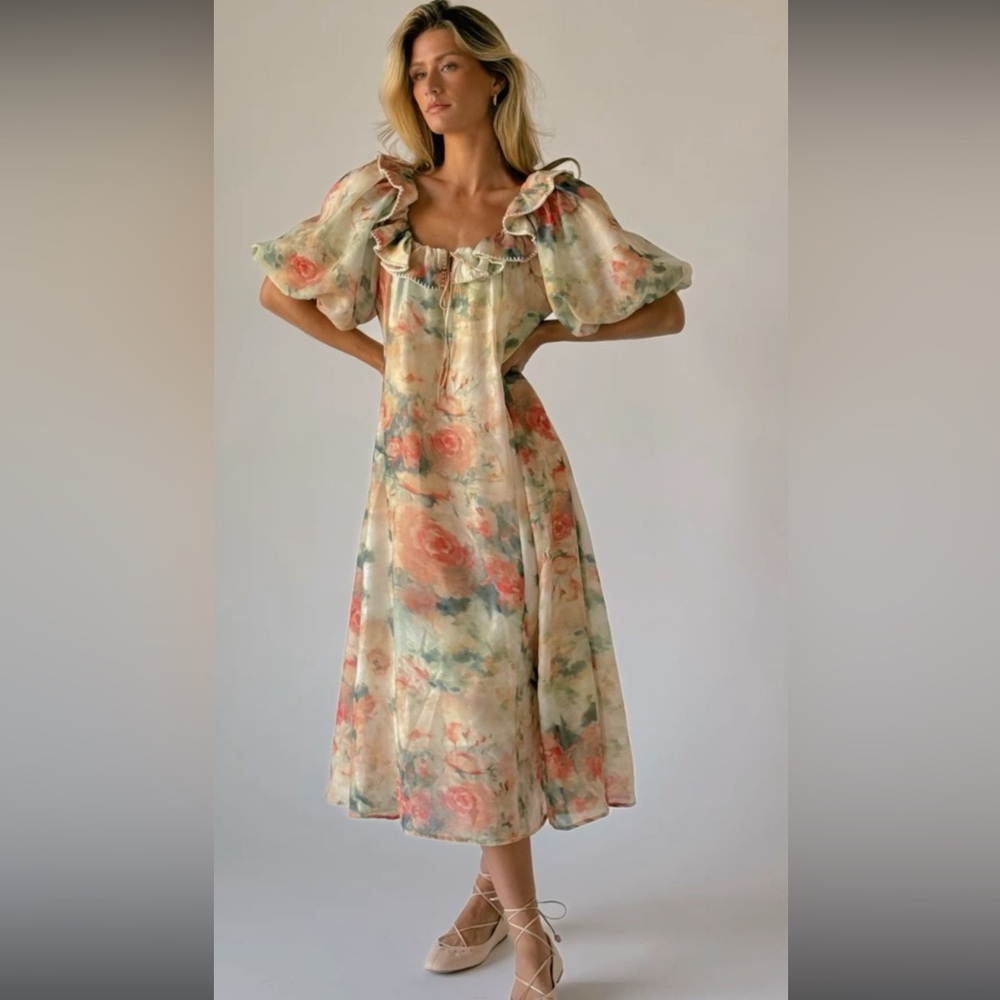 Orange and Green Smocked Puff Sleeve Midi Sundress